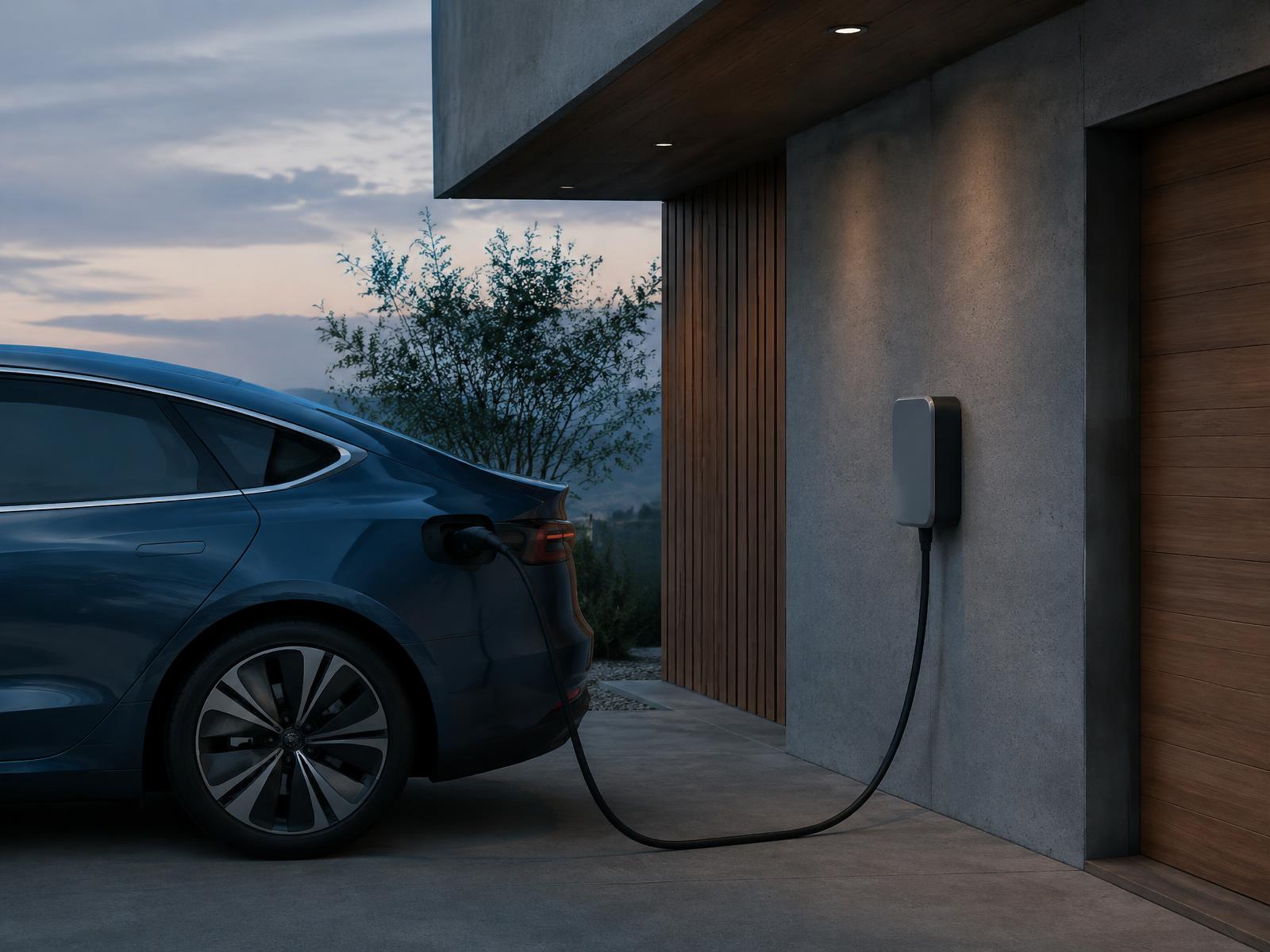 Automóvel eléctrico a carregar numa garagem residencial